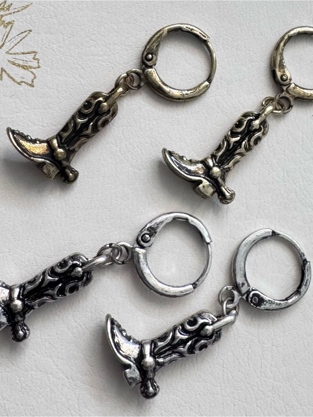 Western: Scroll-Engraved Boot Dangle Hoop Earrings - Silver & Antique gold color